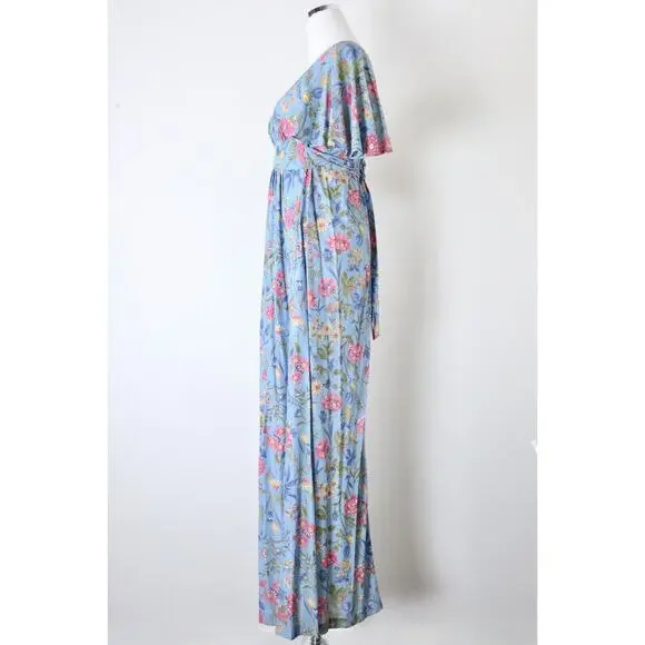 Vintage 1970s Prairie Floral Maxi Dress Flutter Sleeve Empire Waist Tie Blue - Picture 7 of 12